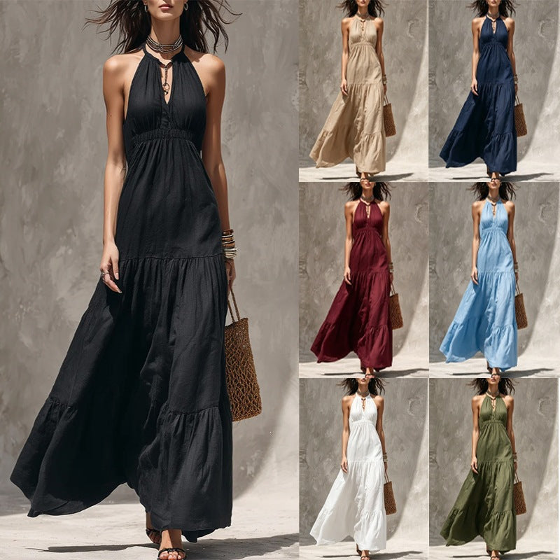 Women's High Waist Stitching Cotton Linen Holiday Dress