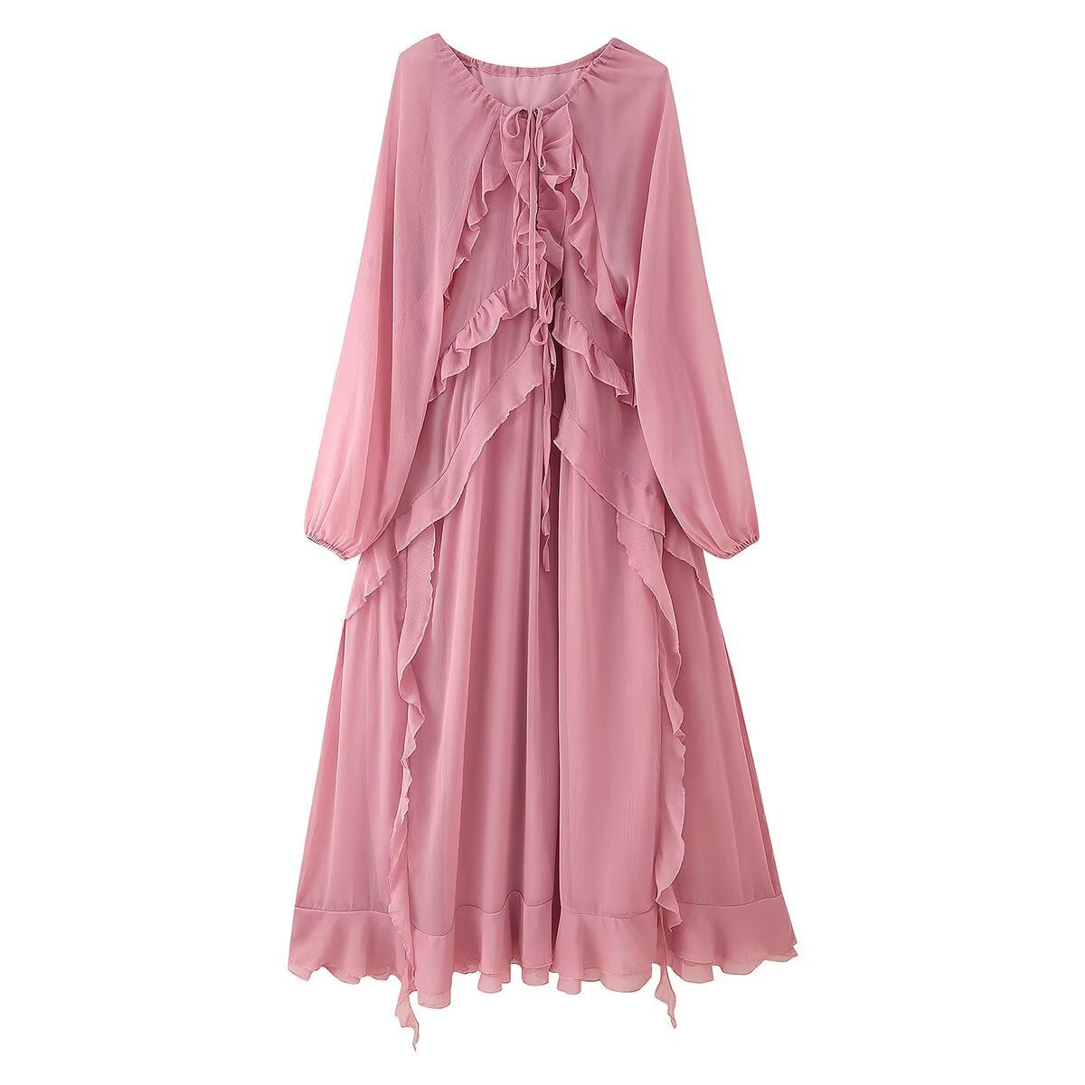 Women's Summer Laminated Ruffled Tied Chiffon Dress Dresses