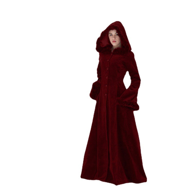Women's Fur Collar Hood Single-breasted Large Swing Coats