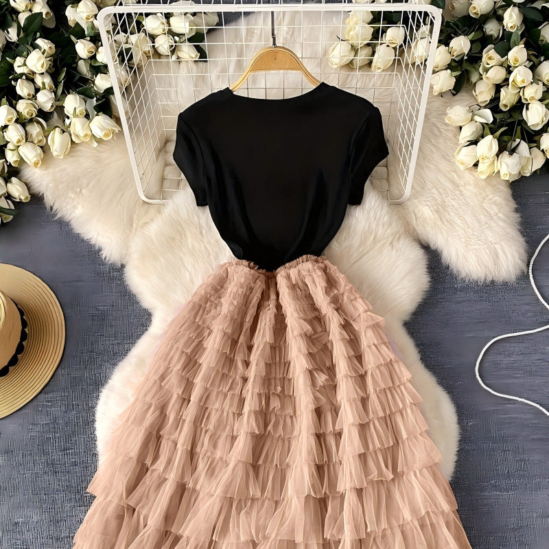 Women's Patchwork Mesh Summer French Waist Dress