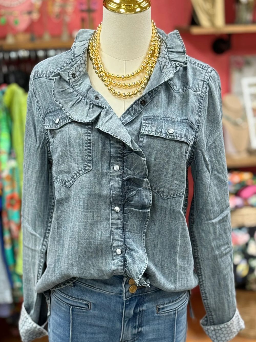 Women's Summer Fashionable Retro Ruffled Denim Shirt Blouses