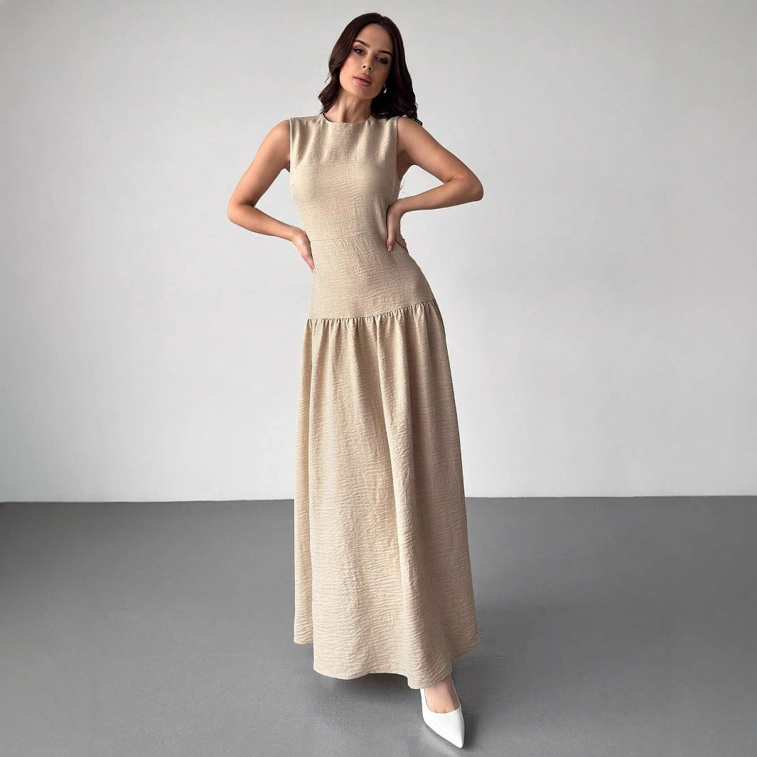 Women's Elegant Imitation Linen Cotton Harness Waist Gentle Retro Dress