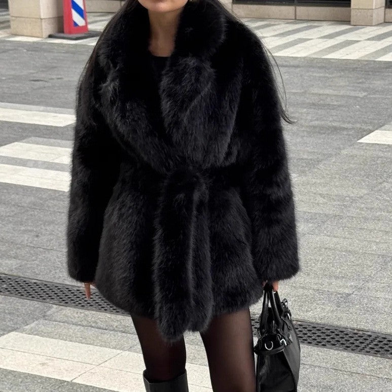 Women's Winter Thickened Faux Fur Mid-length Belt Fox Coats