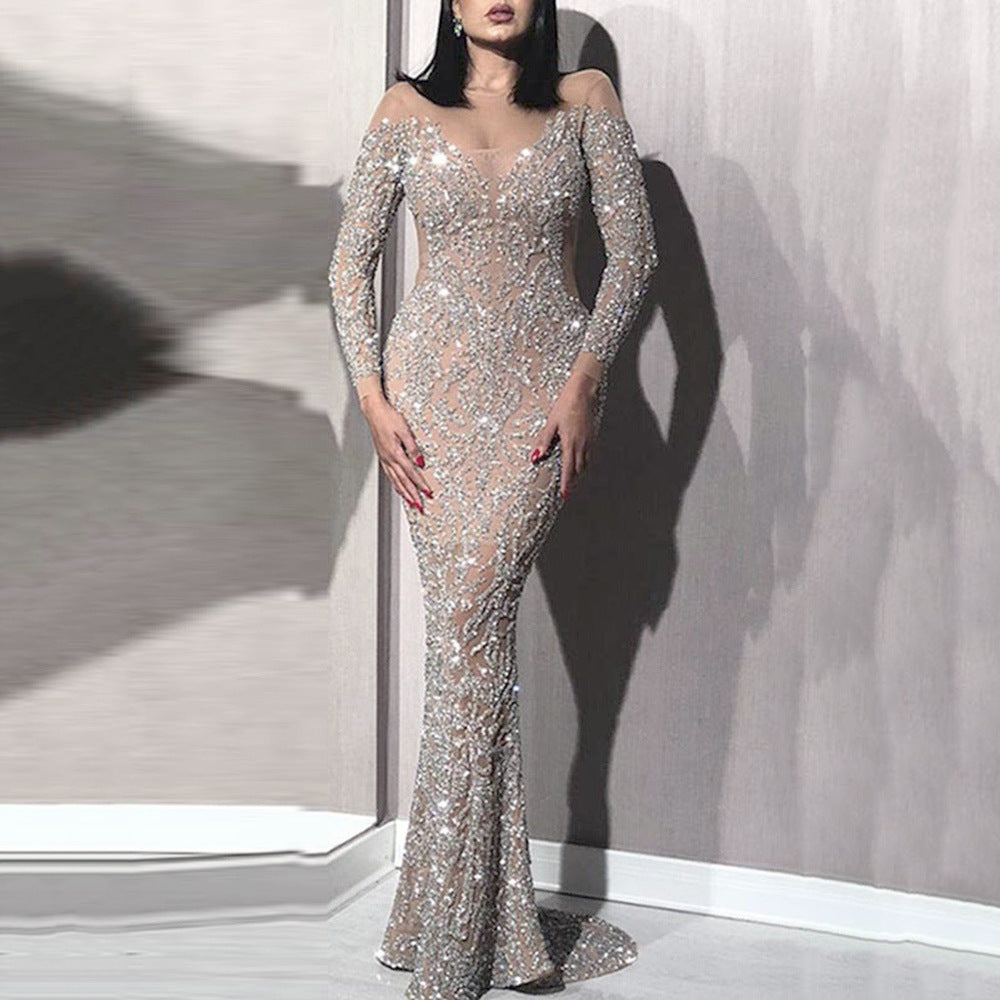 Women's Spring Bronzing Long-sleeved Sexy Dress Banquet Dresses