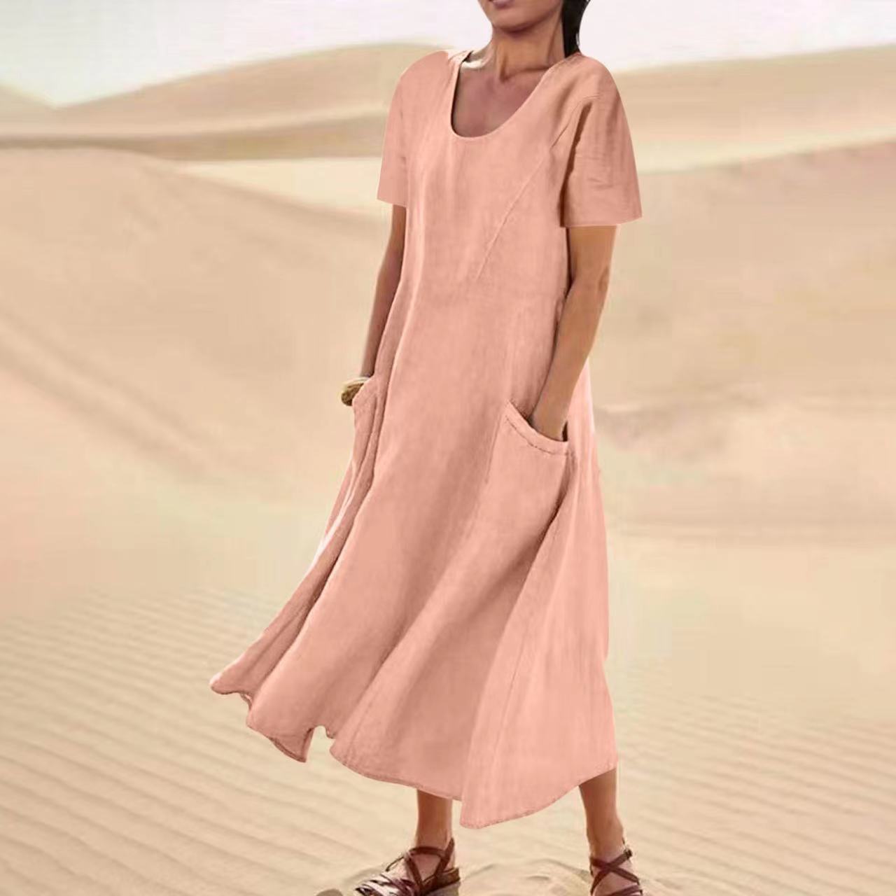 Women's Summer Solid Color Cotton Linen Pocket Dresses