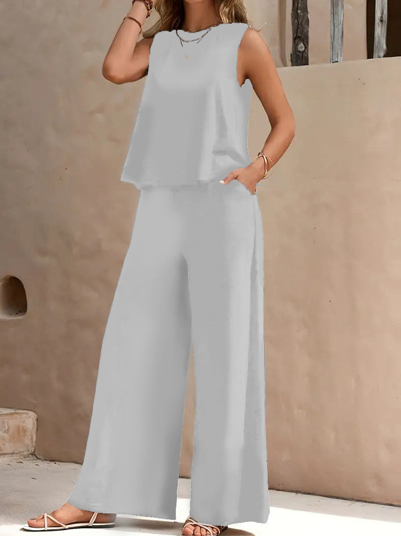 Women's Round Neck Wide Leg Cotton Linen Fashion Casual Suit