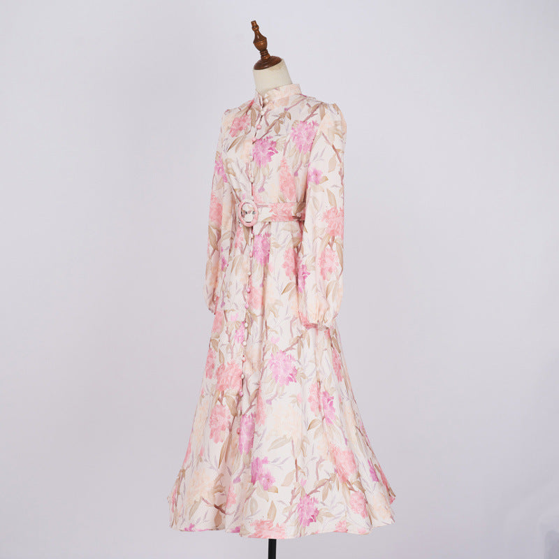 Women's Design Hibiscus Flower Long Sleeve Mid-length Dresses