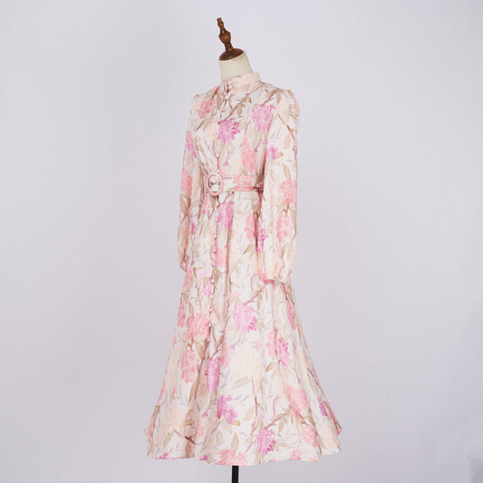 Women's Design Hibiscus Flower Long Sleeve Mid-length Dresses