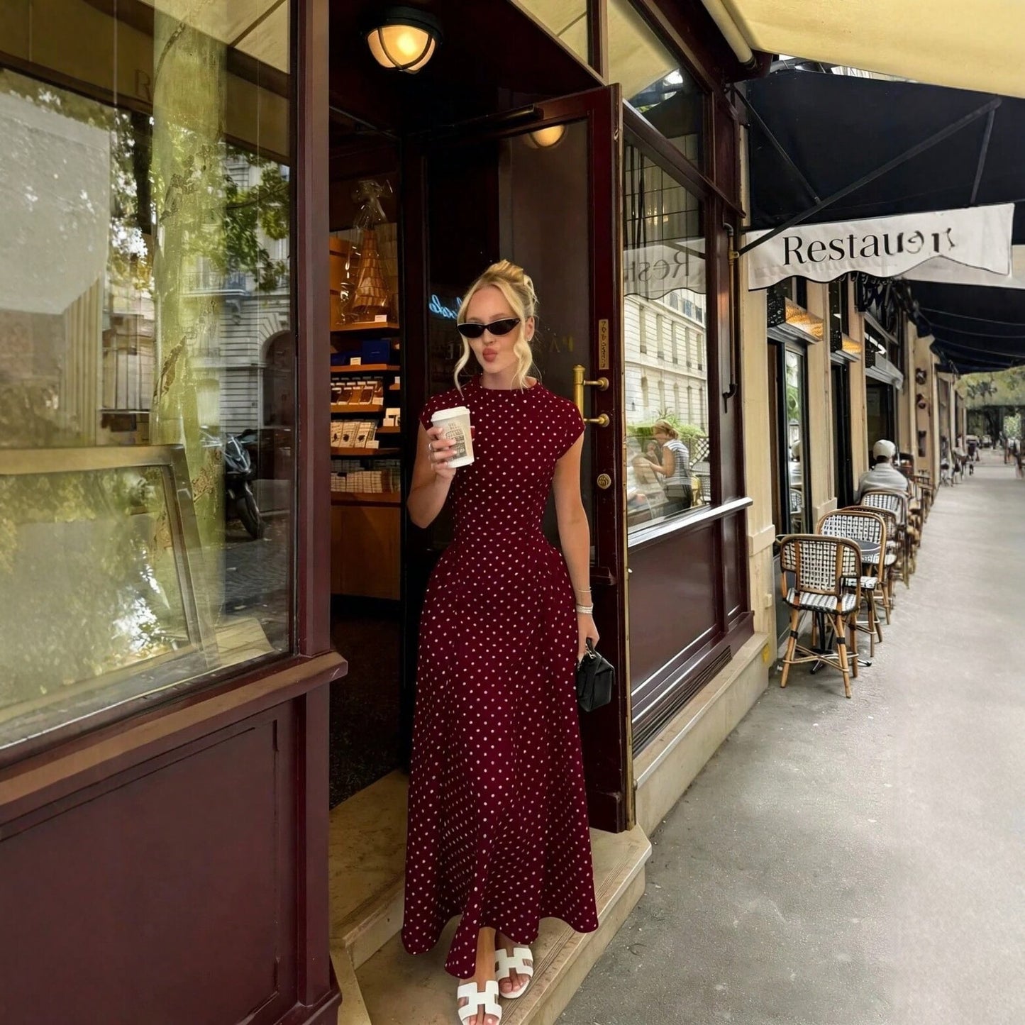 Elegant Retro Round Neck Polka Dot Printed Style Long Dress