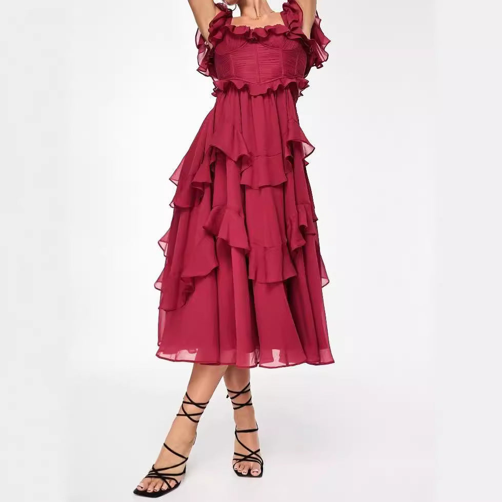 Holiday Lace Backless Cake Ruffled Pleated Dress