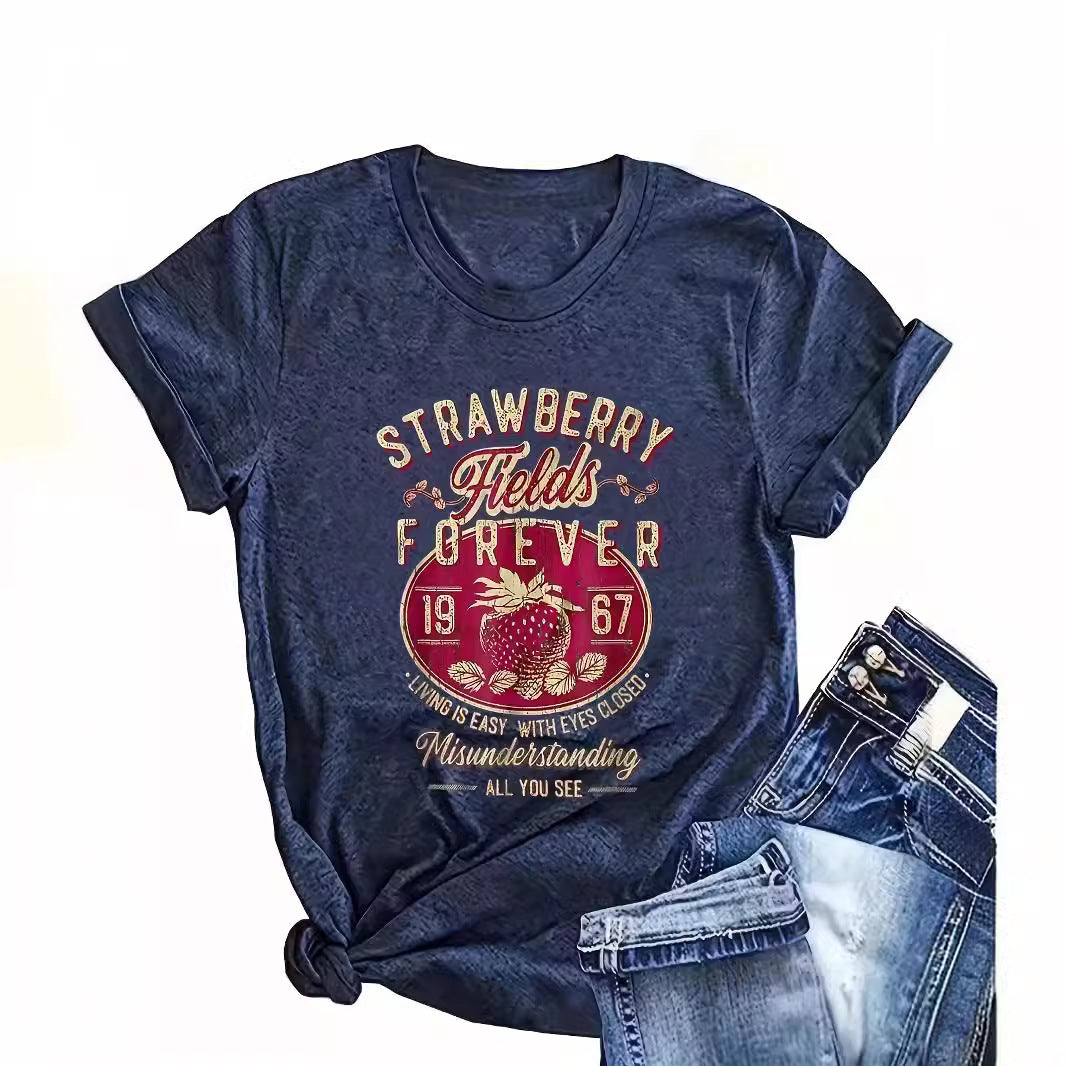 Women's Printed Round Neck Short-sleeved T-shirt Blouses