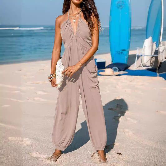 Women's Deep Halter Sleeveless Pleated Pocket Back Wide Leg Jumpsuits