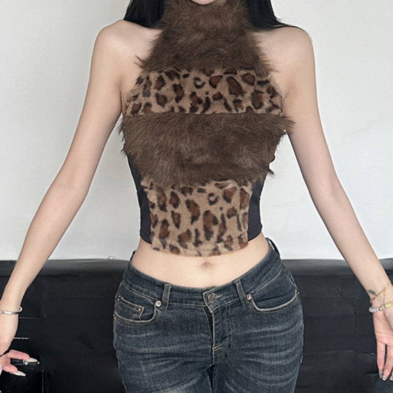 Splicing Furry Female Hot Sexy Backless Tops