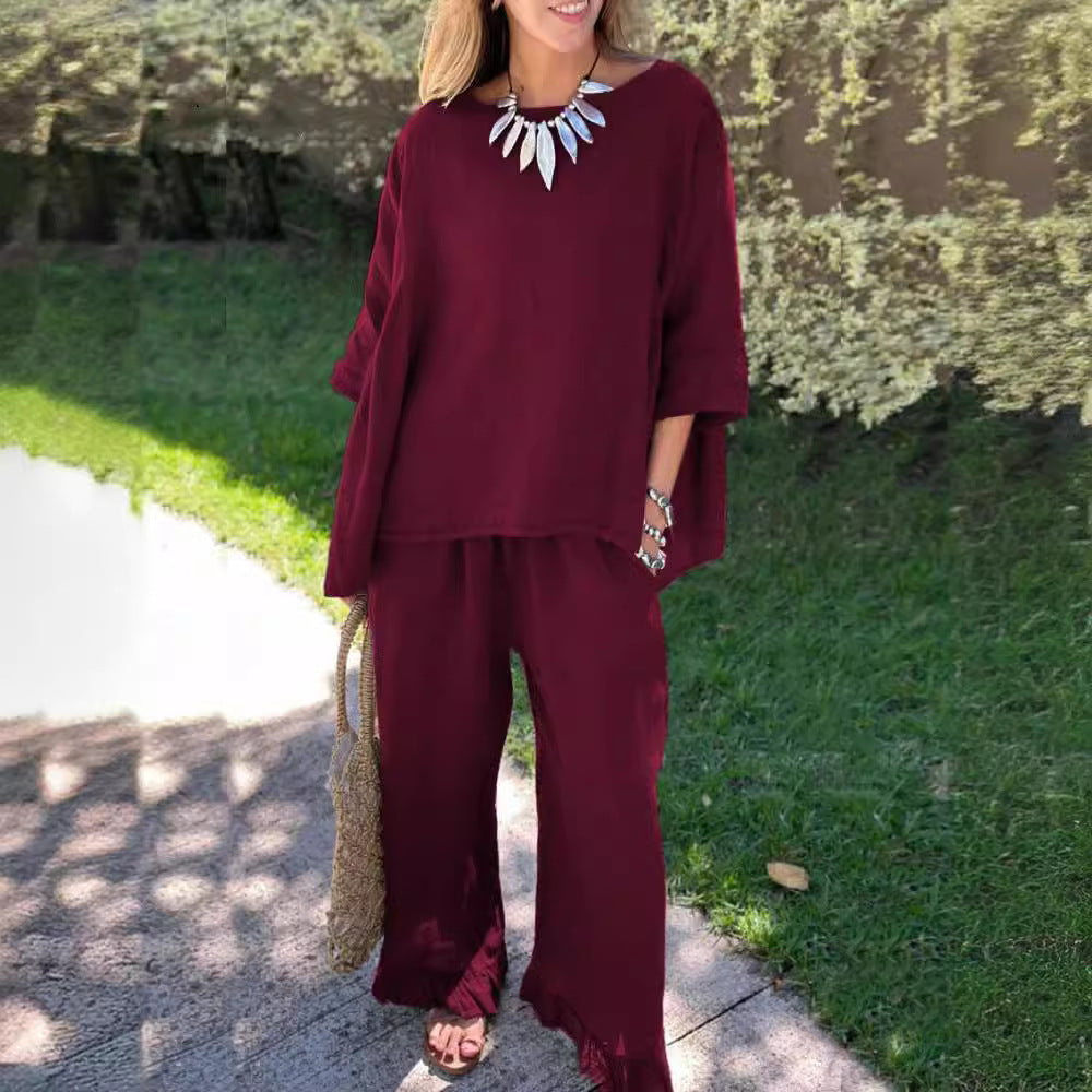 Women's Cotton Linen Solid Color Loose Trousers Fashion Casual Suit