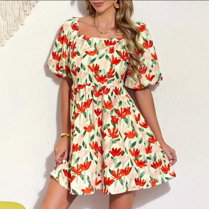 Charming Comfortable Floral Print Lantern Sleeve Dress