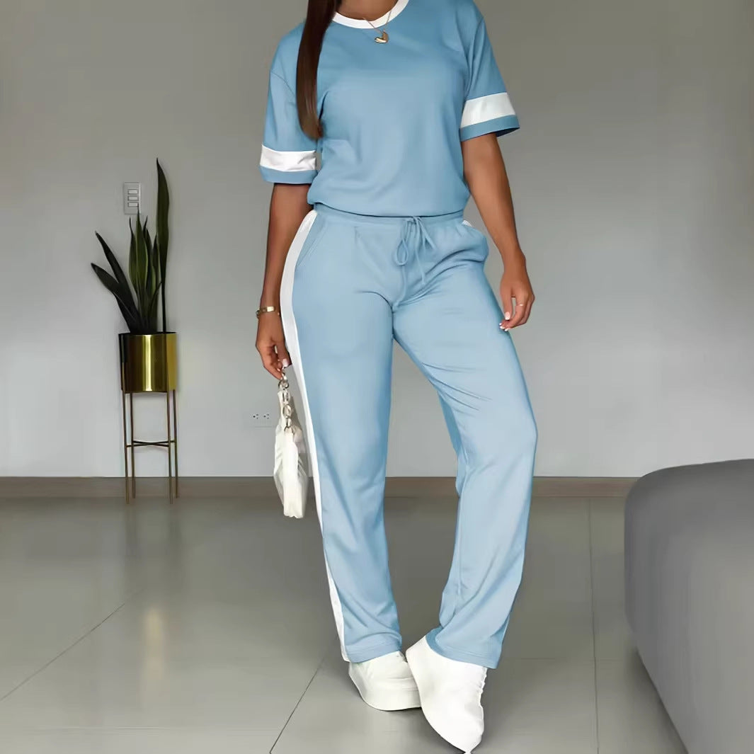 Women's Short-sleeved Side Striped Contrast Color Two-piece Fashion Casual Suit