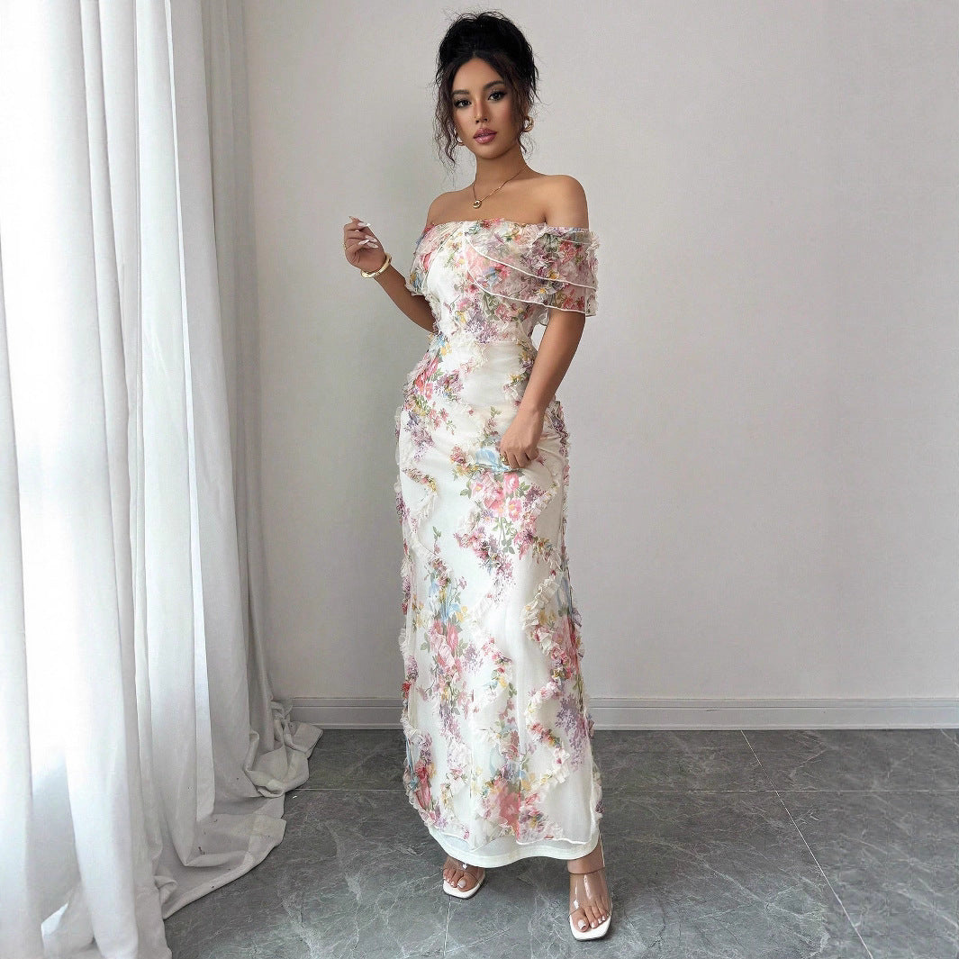 Women's Romantic Ruffled Cinched Mesh Floral Dress Dresses