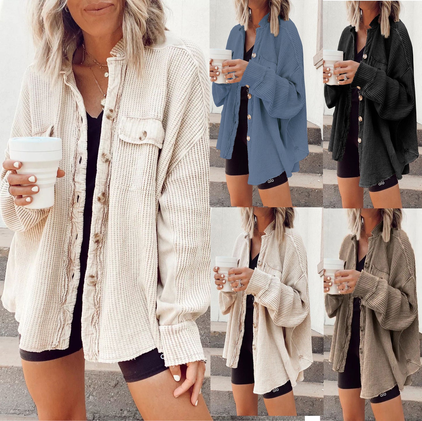 Loose Waffle Casual Shirt Stitching Fashion Blouses