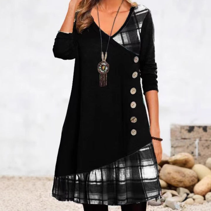 Women's Casual Patchwork Button Long Sleeve Dress