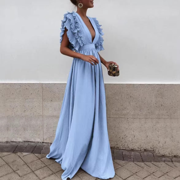 Women's Flying Sleeves Backless Solid Color Long Dress