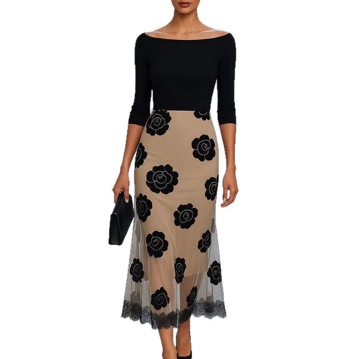 Elegant Graceful Boat Neck Lace Stitching Mesh Dress