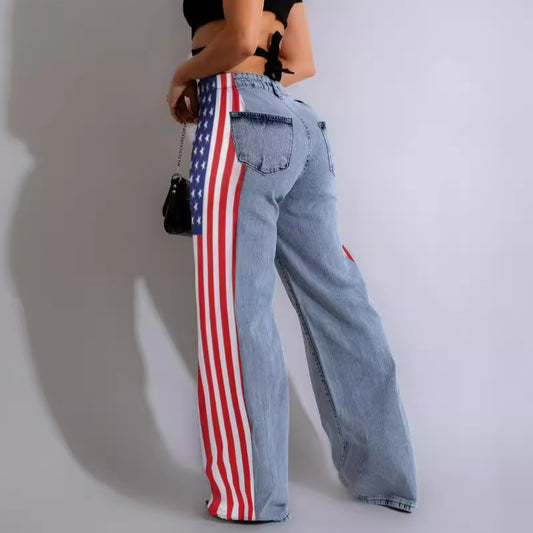 Women's Fashion Flag Print Stretchy Denim Trousers Casual High Jeans