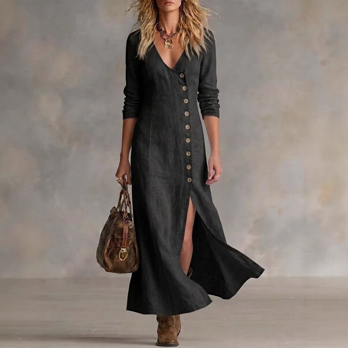 Women's Fashion Button Split Elegant Long Dress