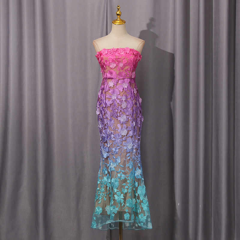 Women's Break Dress Summer Embroidered Flower Gradient Dresses