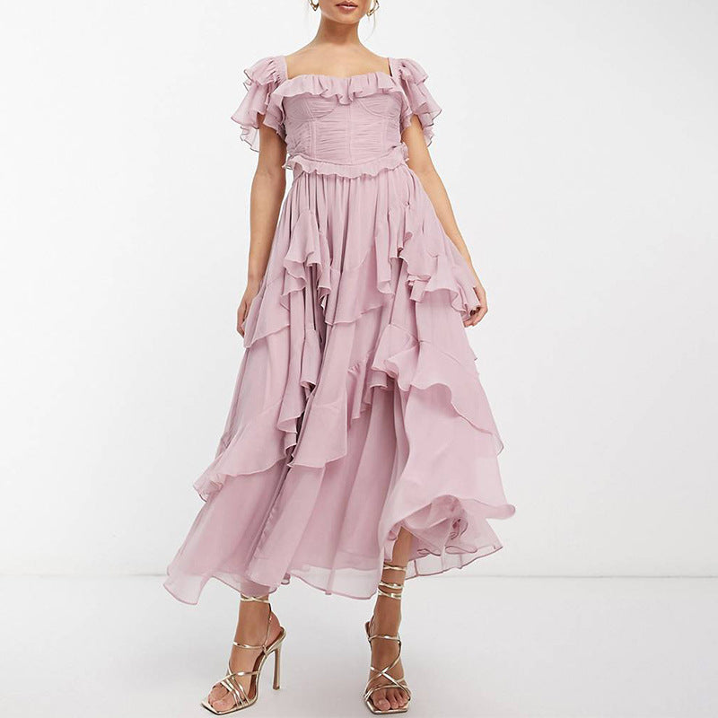 Holiday Lace Backless Cake Ruffled Pleated Dress