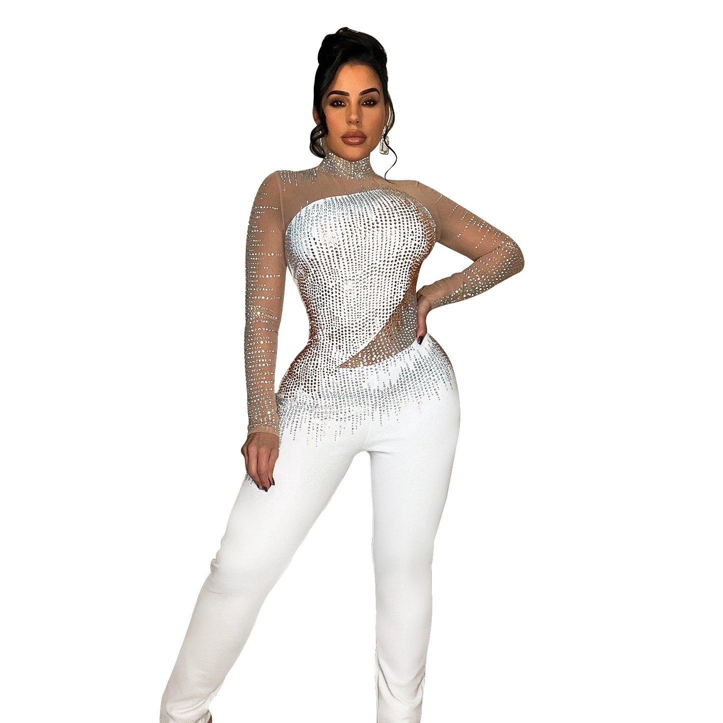 Women's Fashion Wear Pure Color Mesh Rhinestone Suits