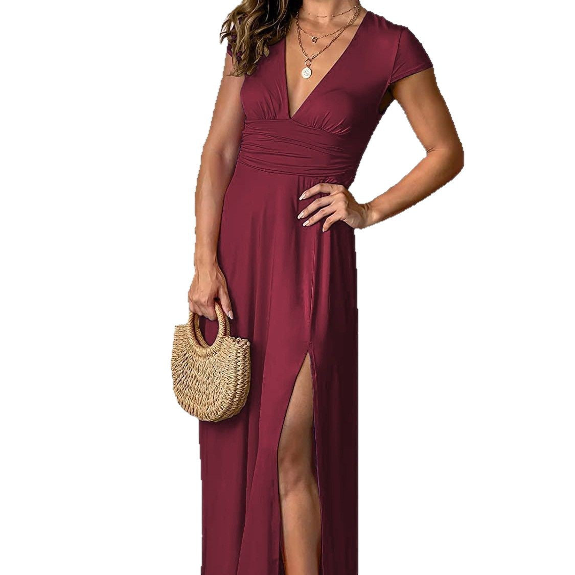 Women's Deep Sleeve Pleated Smocking High Waist Slit Club Party Dress