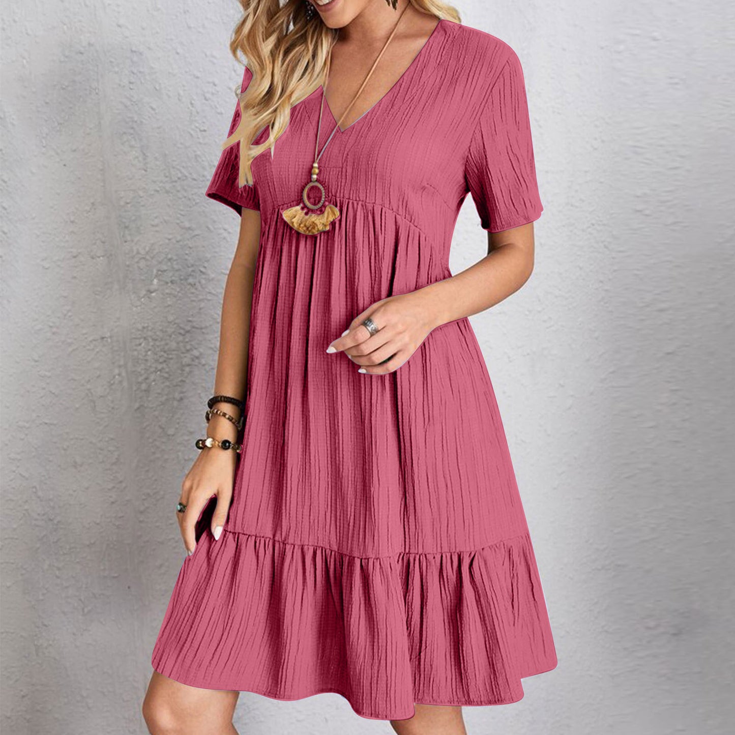 Women's Loose Solid Color Pleated Casual Lace Dress