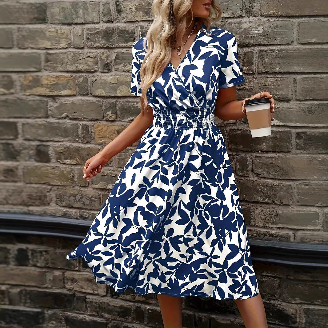 Sleeve Leaf Floral Print Swing Waist Shorts