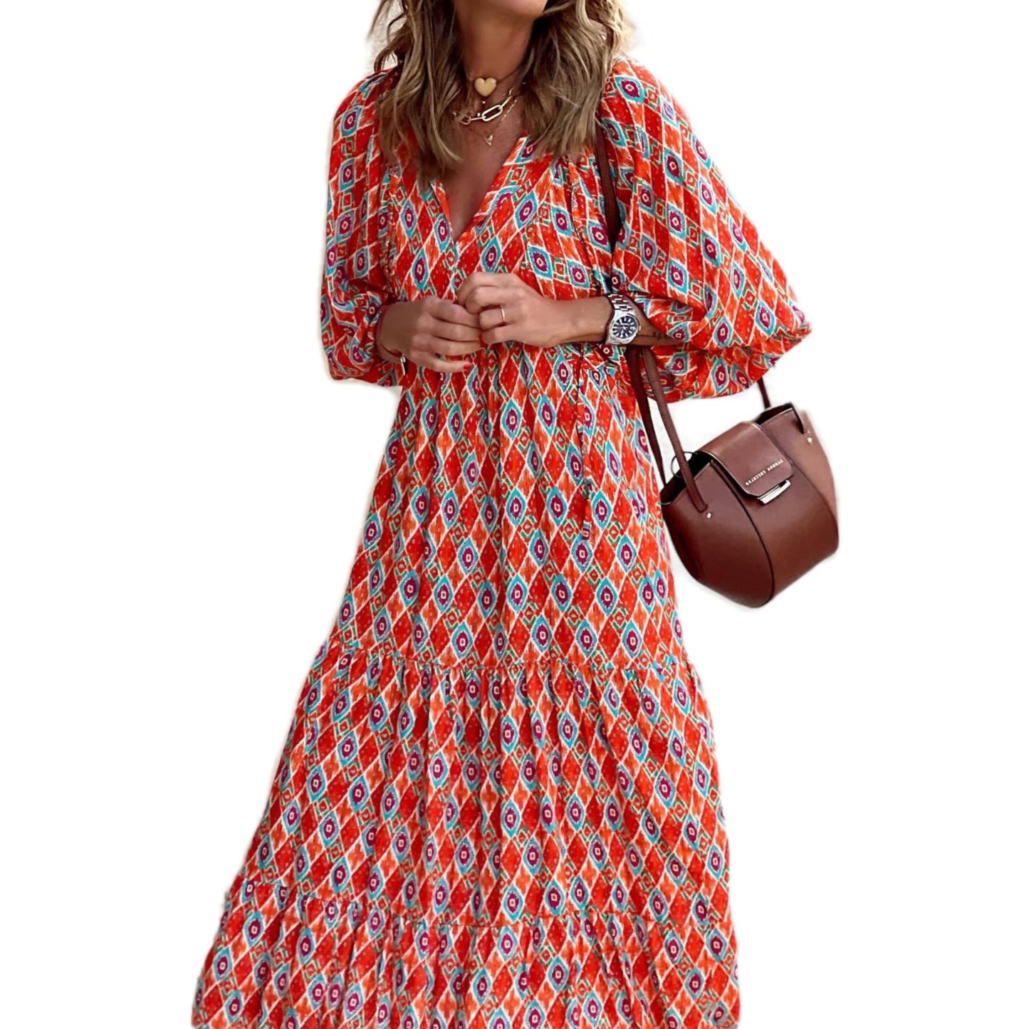 Women's Autumn Geometric Collage Puff Sleeve Street Fried Clothing