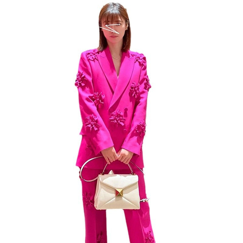 Casual Double-breasted Three-dimensional Flower Decorative Trousers Suits