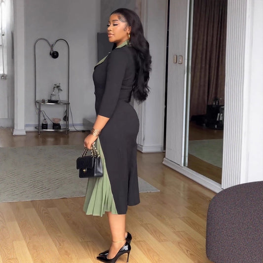Elegant Commuter Lapel Waist Tight Elastic Pleated Dresses