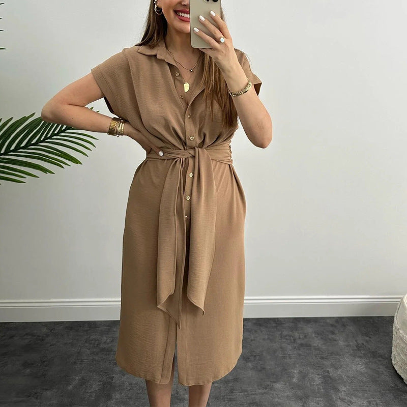 Women's Solid Color Polo Collar Single-breasted Sleeve Shorts