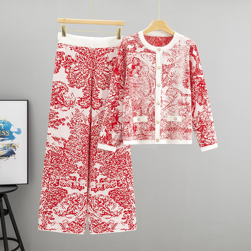 Women's Jacquard Landscape Painting Fashionable Knitted Round Suits