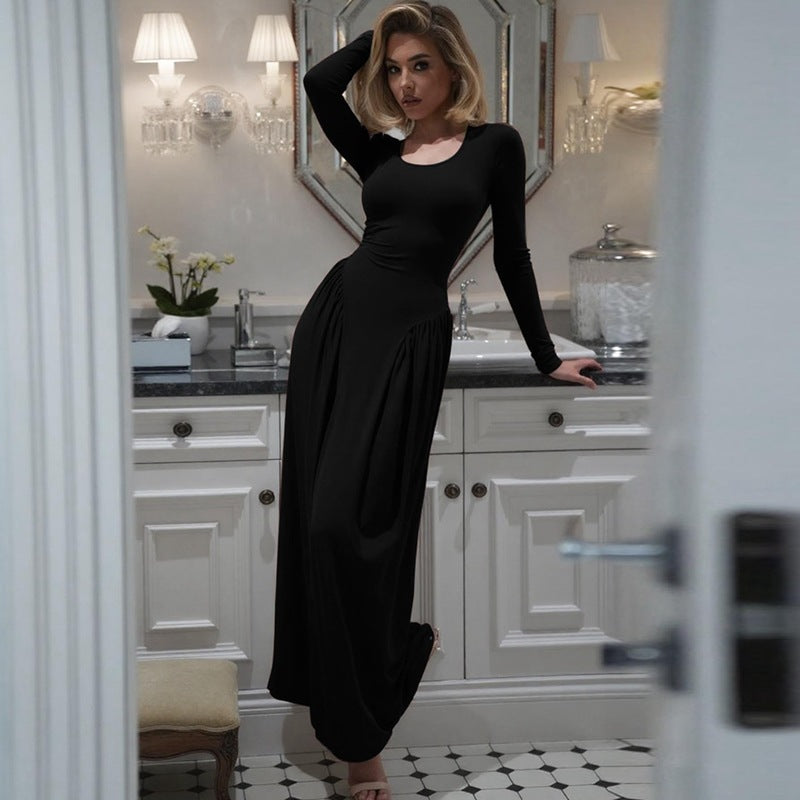 Women's French Elegant Temperament Pure Color Waist Trimming Lace Up Dress