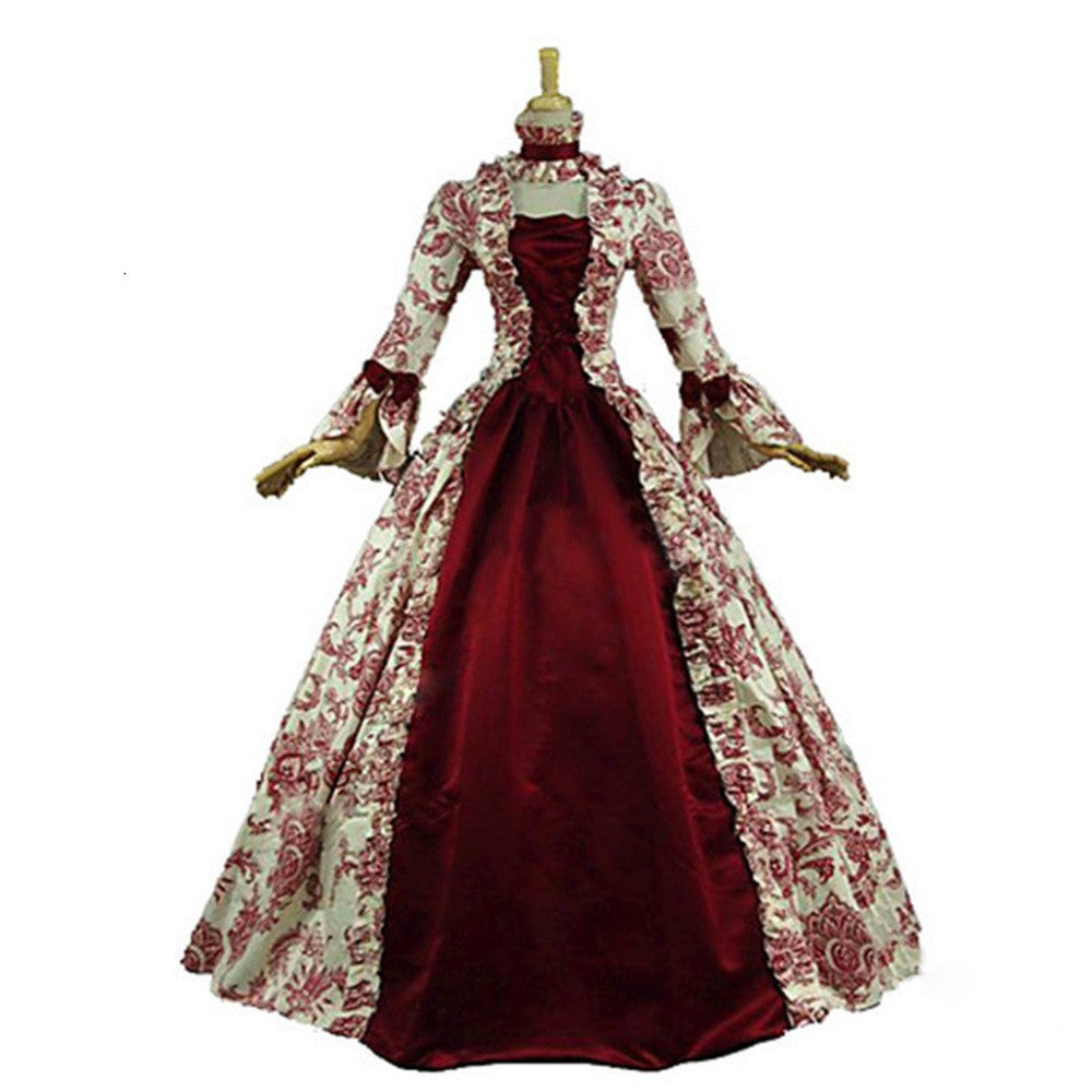 Medieval Victorian Court Dress Gothic Long Sleeve Printed Dresses