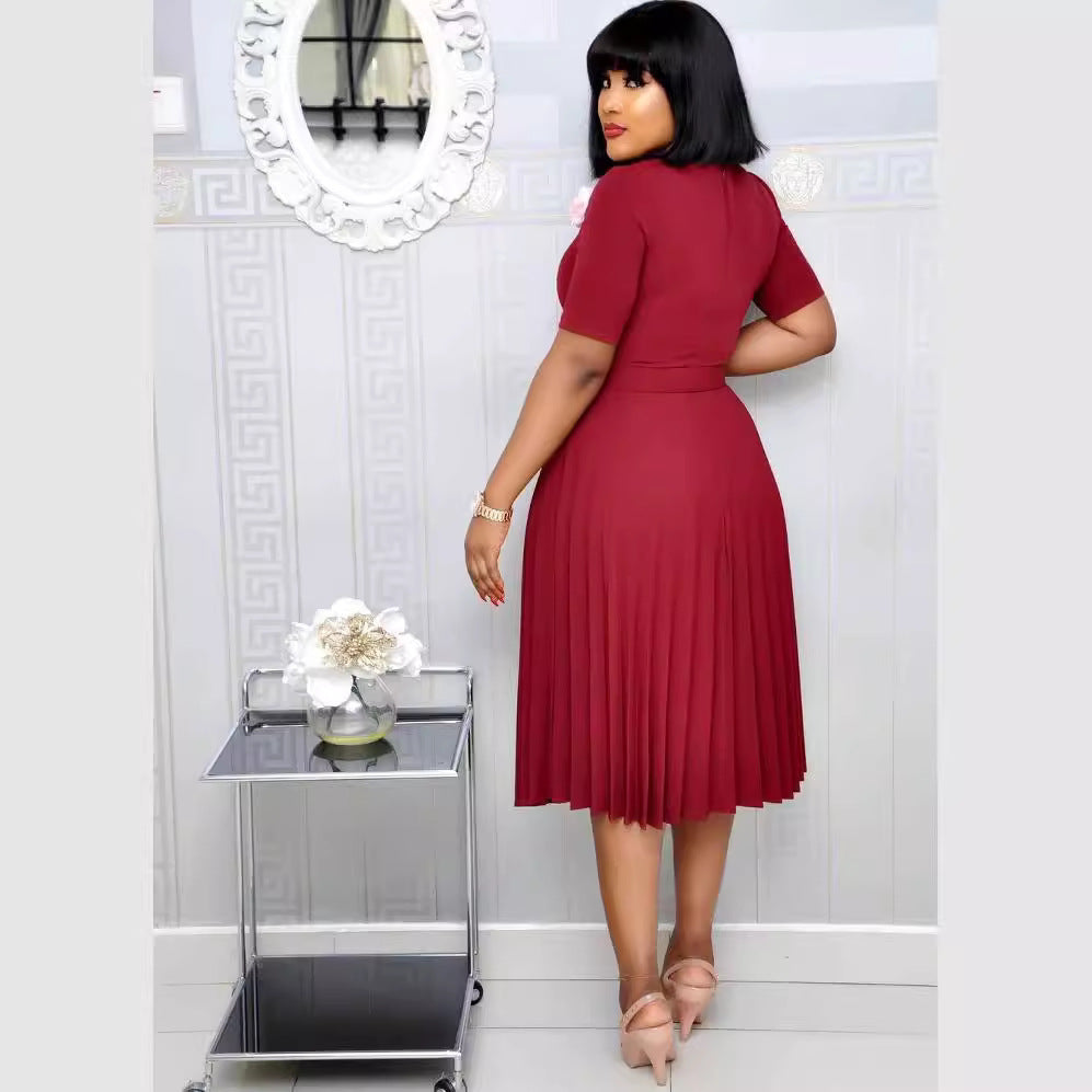 Versatile Women's African Solid Color Pleated Dress