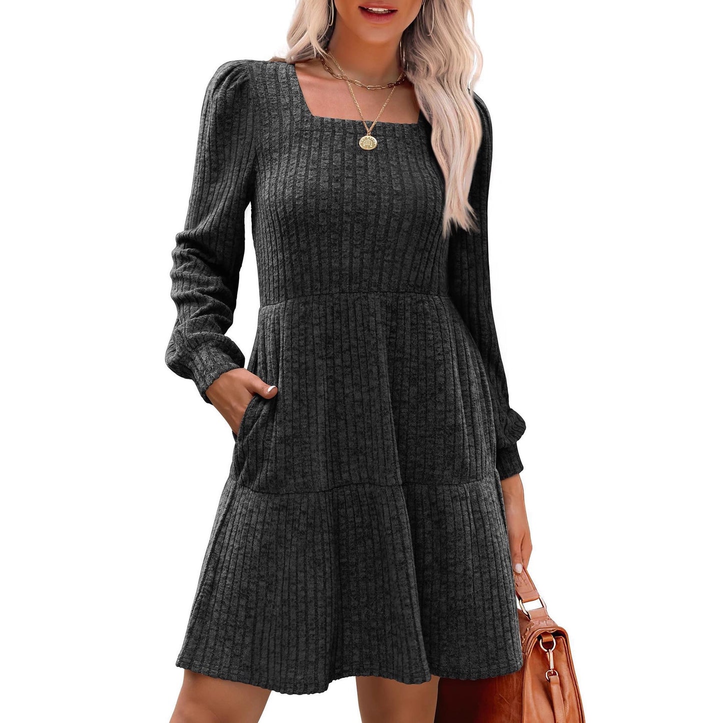 Square Collar Sunken Stripe Knitted Pocket Skirts