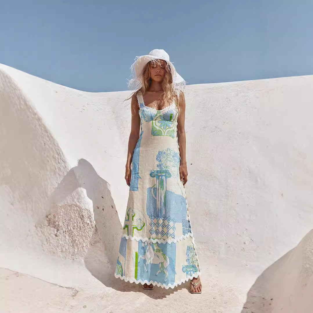 Fashion Linen Printed Sexy Backless Bow Dress