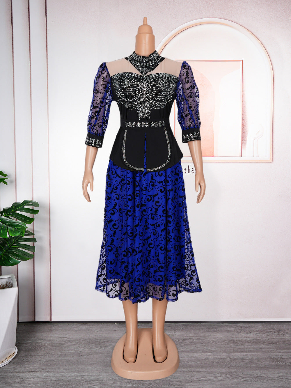 Women's African Rhinestone Bubble Beads Drawstring Lace Dresses