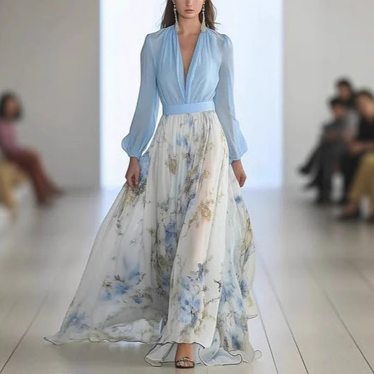 Women's Digital Printing Long Sleeve Collar Patchwork Dress