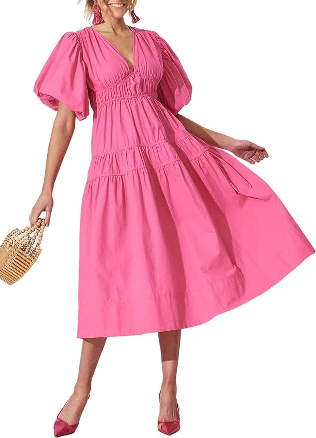 Women's Bohemian Floral Mid-length Dress Pleating Beach Dresses