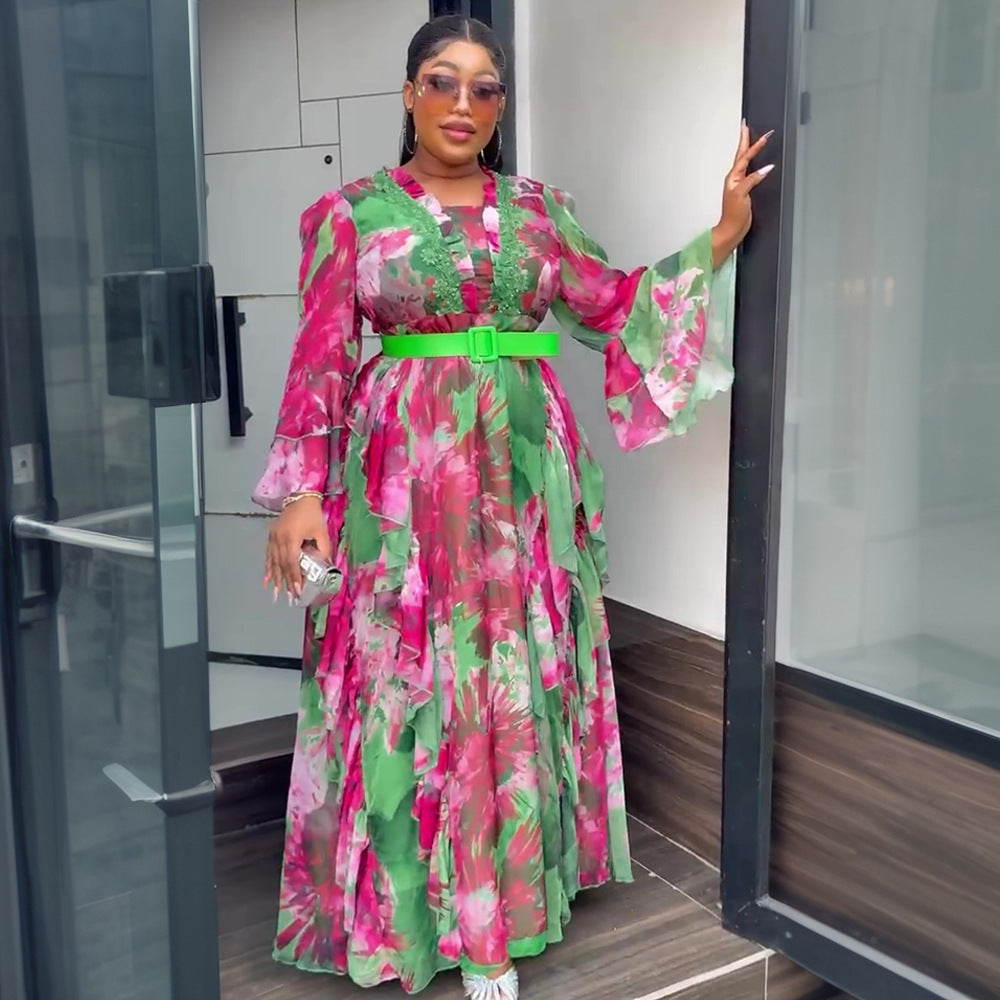 Women's African Ruffled Printed Long Dress Fashionable Dresses