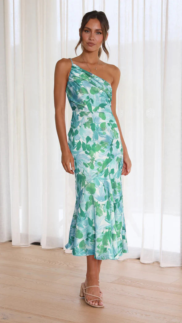 Temperament Diagonal Collar Strap Fishtail Printed Dresses