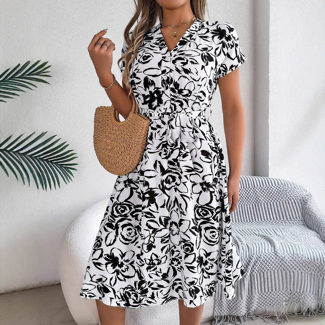 Women's Casual Button Batwing Sleeve Flower Swing Dress