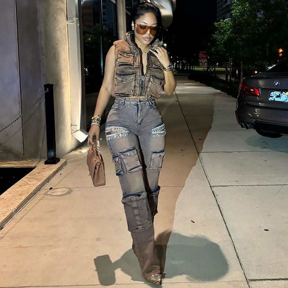 Women's Fashion Retro Tassel Pendant Drill Cargo Jeans